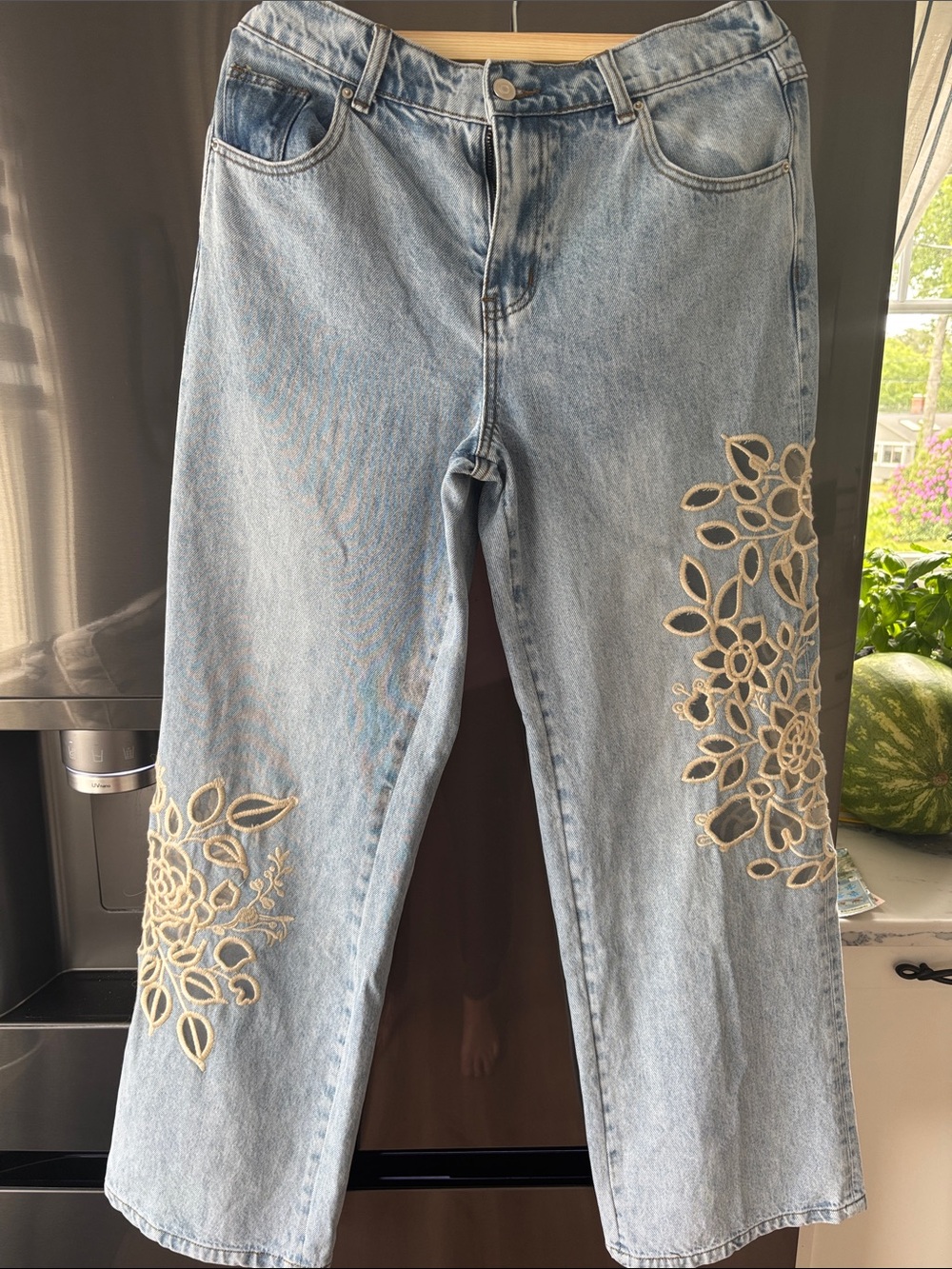 Light Blue Wide Leg Jeans with Cream Floral Cutwork - Women's